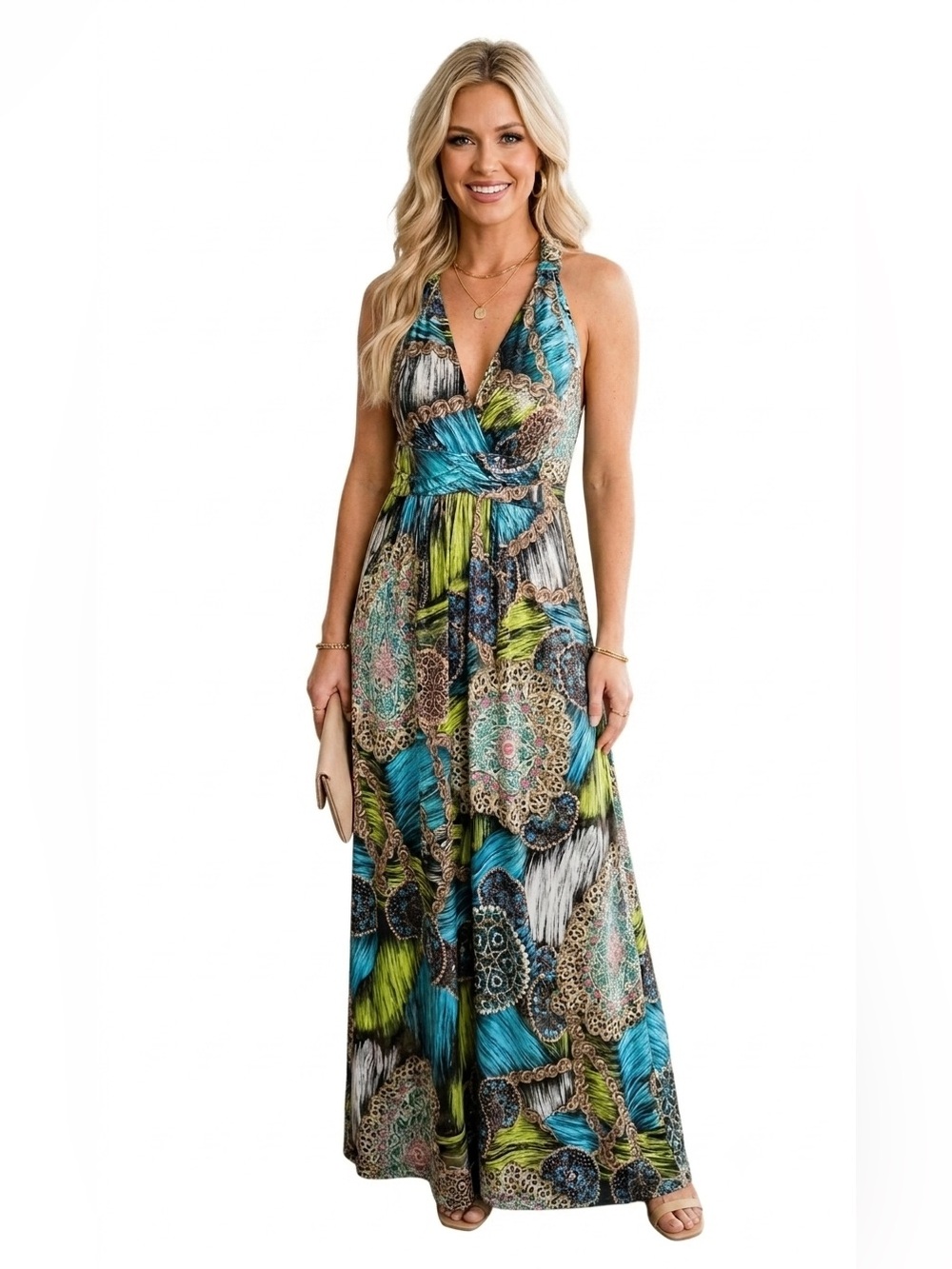 GITI Boho Chain Print Halter Maxi Dress Women’s Size Medium Blue Green Vacation